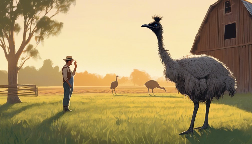 calmly approaching curious emus